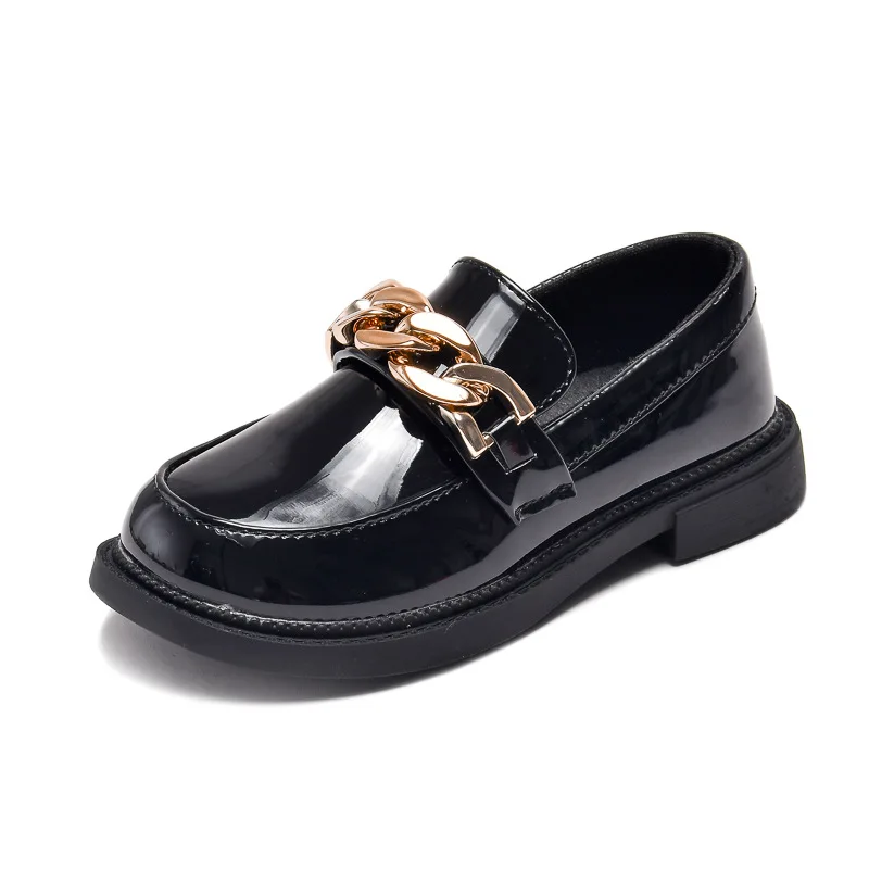 2022 Autumn New Britain Wind Kids Glossy Metal Chains White PU Loafers for Girls Children Fashion Casual School Shoe