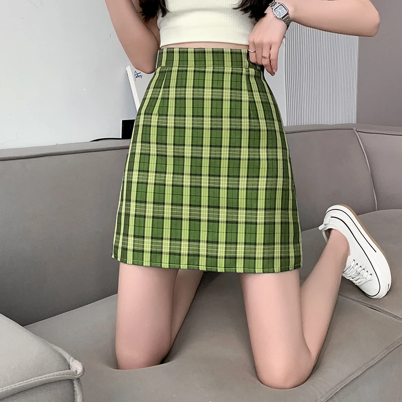 Fashion Green Plaid Skirt Women 2023 Summer New Vintage High Waist A-line Slim Mini Skirts Y2k Clothes