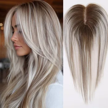 Topper per capelli umani con base in seta da 12 pollici per donna, biondo platino con radici marroni, capelli Remy lisci, con clip, traspirante