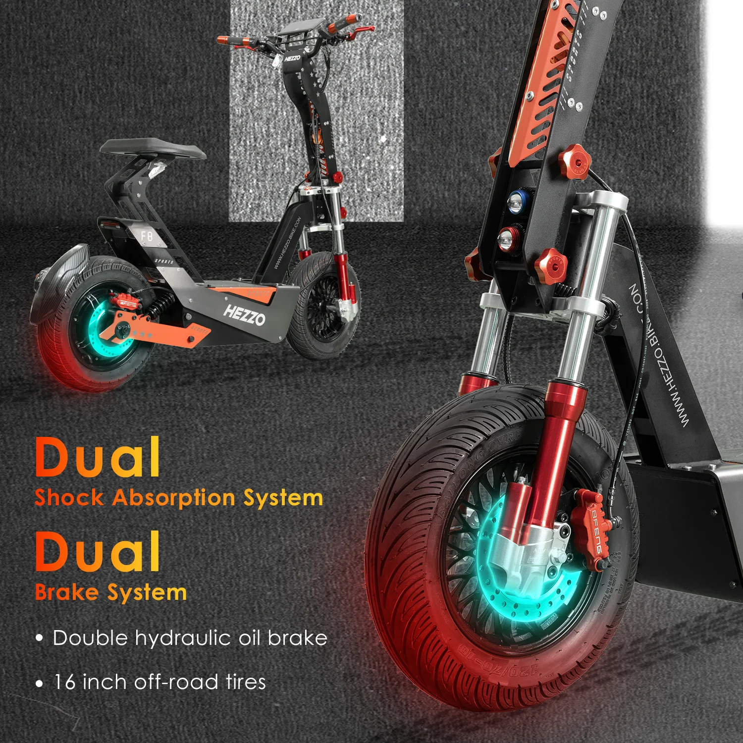 HEZZO-F8 Electric Scooter, Long Range, Off Road, Folding, Scooter with Seat, 100 km/h Max Speed, 50Ah, 120km, 16Inch, 72V, 8000W