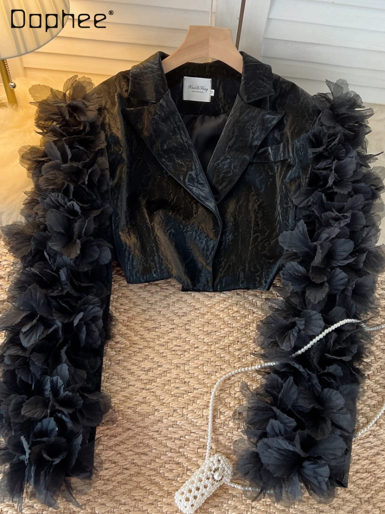 

Chic Three-Dimensional Flower Stitching Black PU Leather Short Coat 2023 Autumn New Elegant Lapel Long Sleeve Jaqueta Feminina