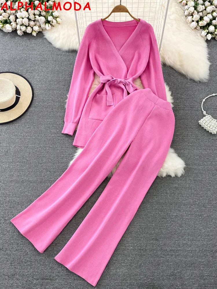 

Женский кардиган с поясом ALPHALMODA, вязаный свитер и прямые брюки, верхняя одежда из 2 предметов на зиму 2022