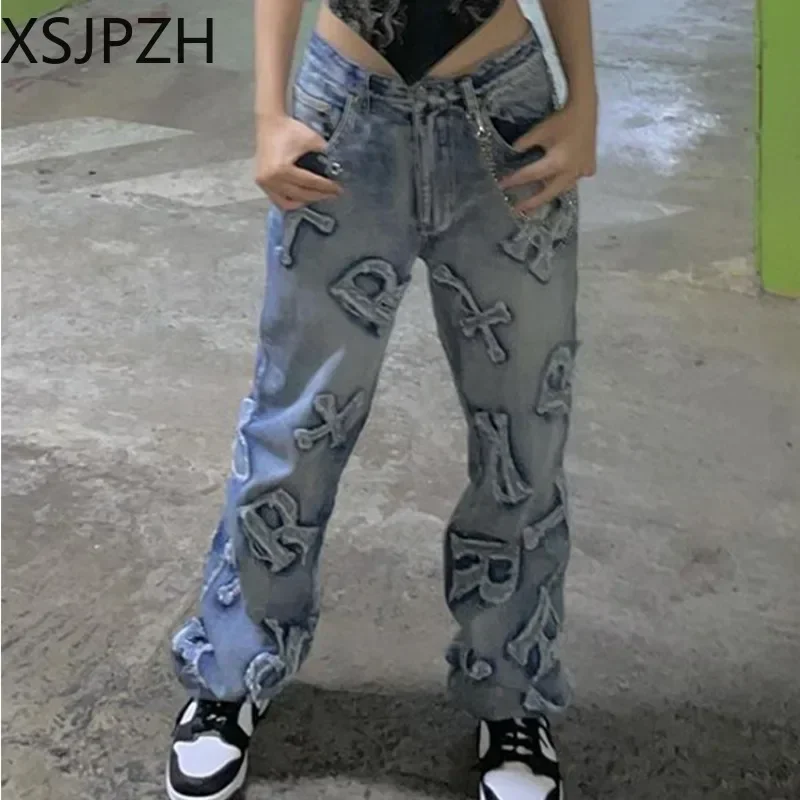 

Женские джинсы в стиле пэчворк Xsjpzh Y2K, винтажные мешковатые прямые брюки-карго в стиле 90-х годов, джинсовые брюки с широкими штанинами и высокой талией в стиле панк