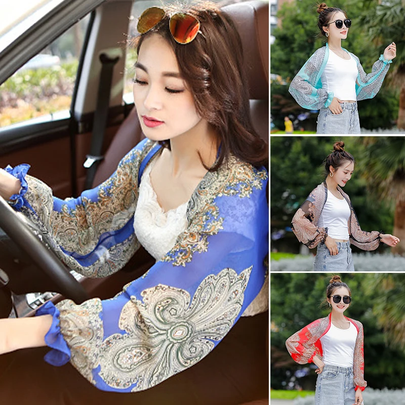 

2023 New Summer Women Long Casual Embroidered Floral Sun Protection Sleeves Beach Shawl Shirt Chiffon Driving Scarf Arm Warmers