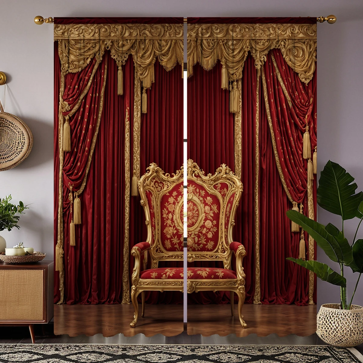 2pcs HD digital curtain printing simulation valance red palace style yellow embroidery home decoration style decoration livin 2