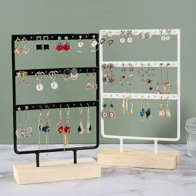 Présentoir de boucles d'oreilles à 3 niveaux et 72 trous, organisateur de rangement de bijoux en métal à 3 couches, support de Base en bois, arbre, support de clous d'oreille, cadeau