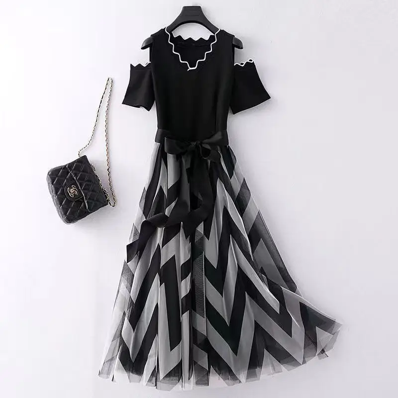 Summer New Off Shoulder Net Yarn Patchwork Ladies Dresses Short Sleeve Lacing Striped Dresses Fashion Elegant Women Clothing