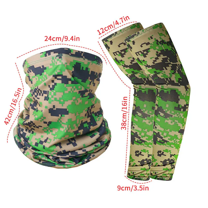 2Pcs/Set Camo Arm Sleeves Face Mask Set Unisex Sun Protection Cooling Breathable Protective Arm Sleeves for Running Cycling