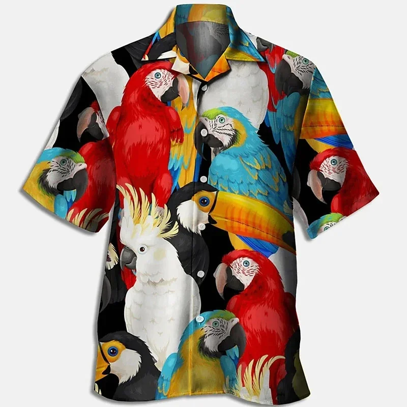 thumbnail image 1 of Camisetas hawaianas con estampado de loros en la playa para hombre, ropa de moda, camisetas de vacaciones de manga corta con estampado 3D de animales de cocoteros hawaianos, 1 of 4