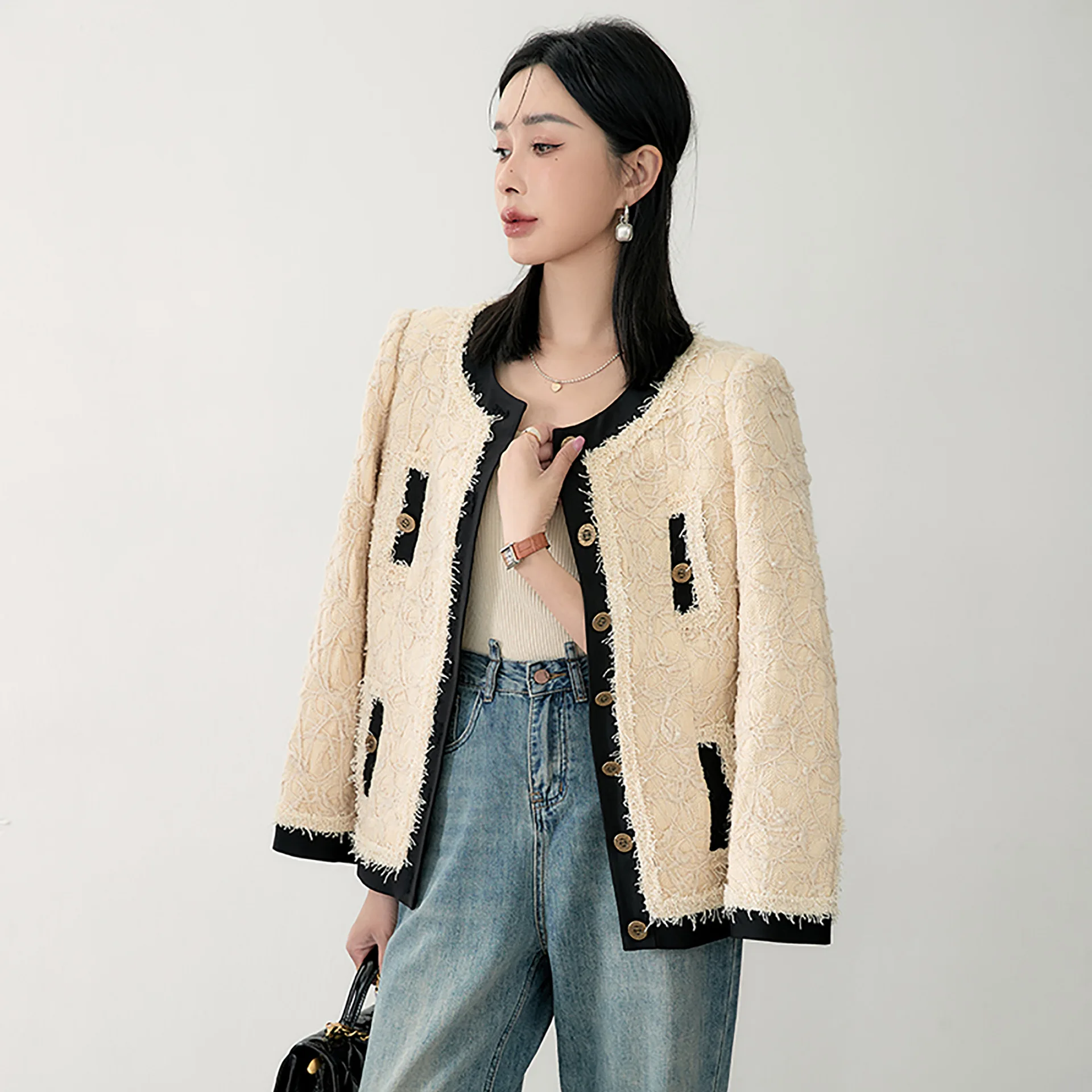 Wool Coats for Women 2023 Autumn Winter Runway Designer Small Fragrant 4 Pockets Crochet Gentle Fringes Tweed Female Jacket Coat luxury orange wool tweed jacket for women 2023 runway designer lapel pockets wool