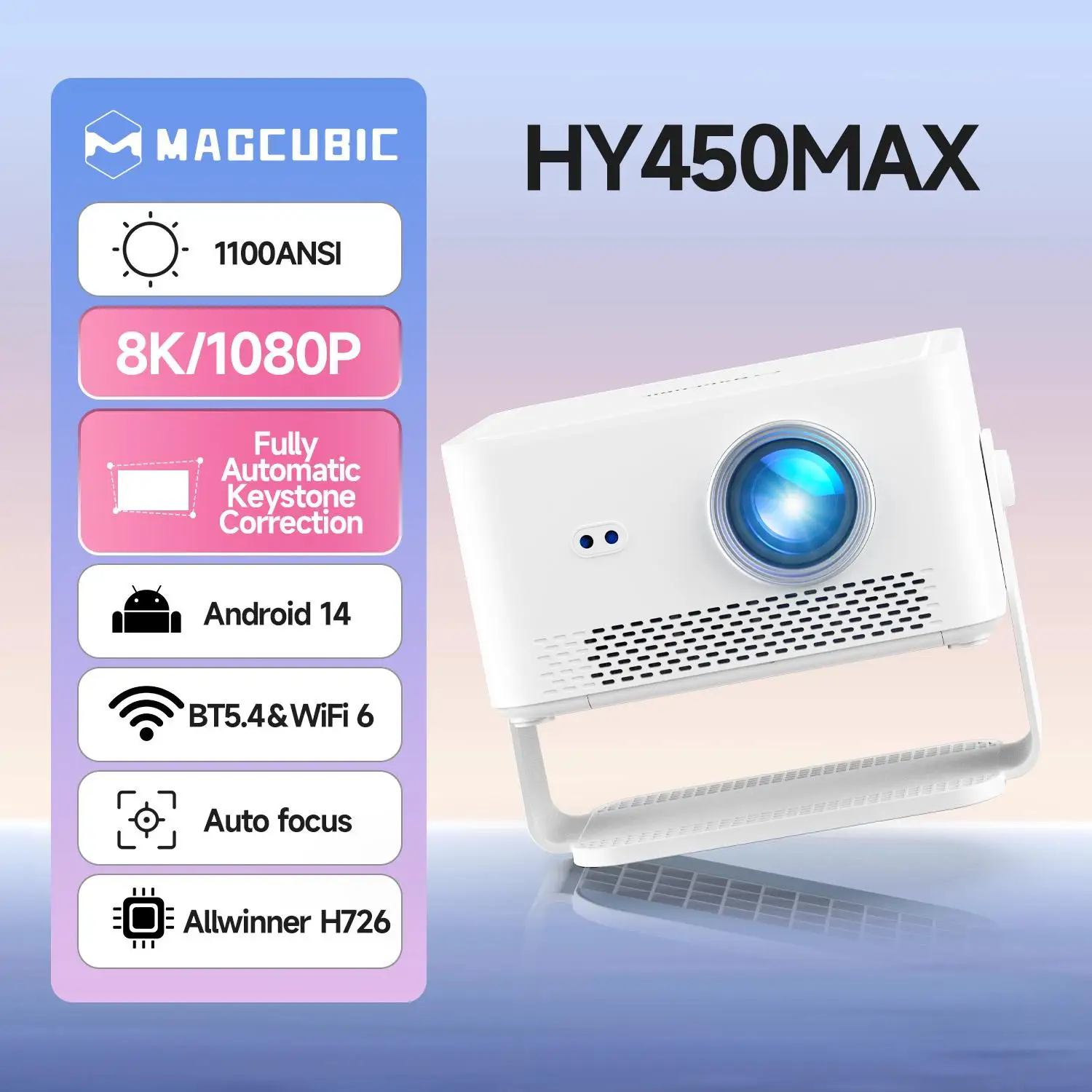 Magcubic HY450MAX Proiettore da 1100 ANSI Lumen 1080P Wifi6 Fascio 8K Nativo Android 14 Proiettori portatili Messa a fuoco automatica per film