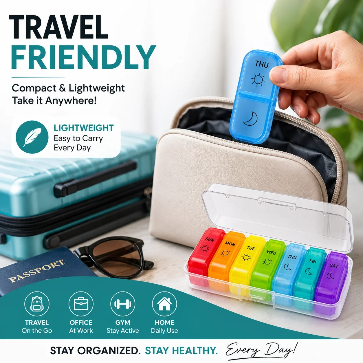 7-Day Weekly Pill Organizer with Secret Compartments, Portable Travel Medicine Storage Box