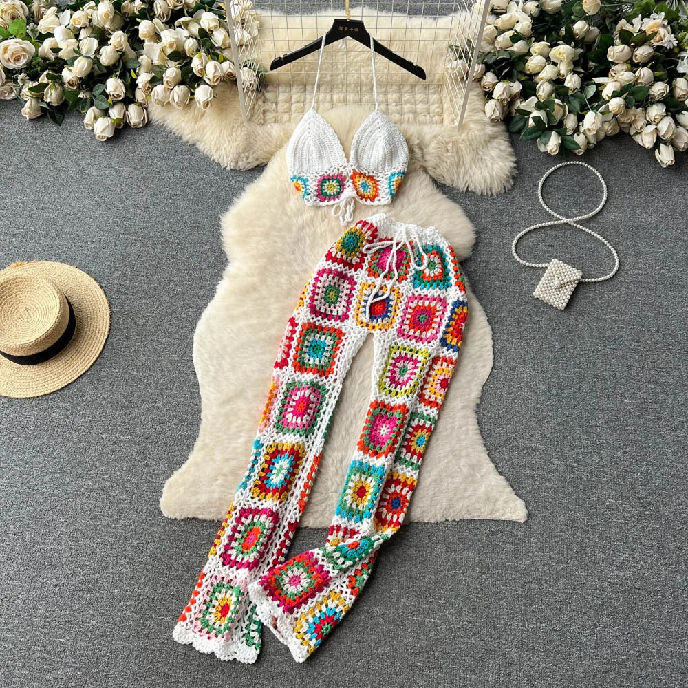 Bohemian Crochet Knitted Women Beach Cover Ups Halter Neck Bikini Top Hollow Out Plaid Pants 2 Piece Set Summer Holiday Outfits