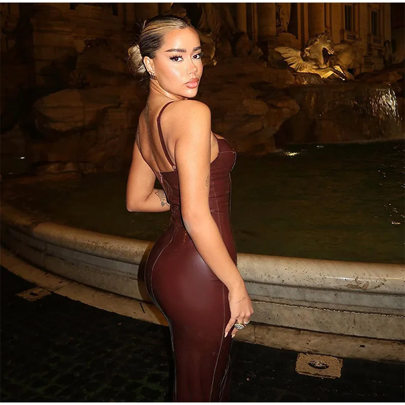 Sexy PU Leather Tube Top Sling Long Dress Women Wine Red Sleeveless Hip Package High Waist Party Dresses Autumn Shiny Robe