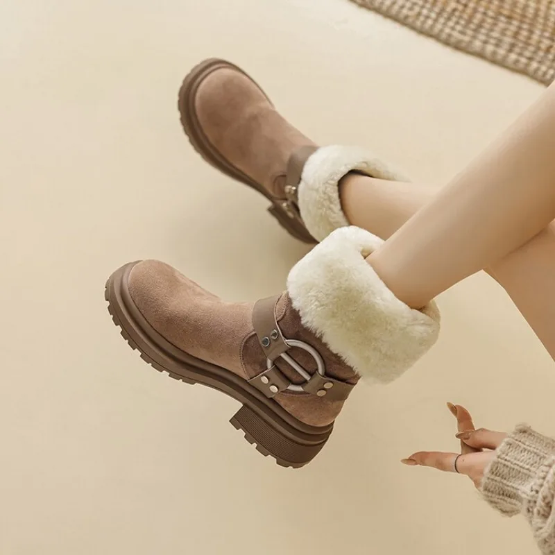 Shoes for Women 2023 Hot Sale Slip-on Women's Boots Fashion Belt Buckle Modern Boots Women New Short Plush Mid-Calf Shoes Female