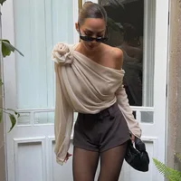 Chemisier en mousseline de soie pour femmes, épaules dénudées, Sexy, élégant, col Oblique irrégulier, chemises à fleurs 3D, mode féminine, Streetwear, hauts de fête en maille 5