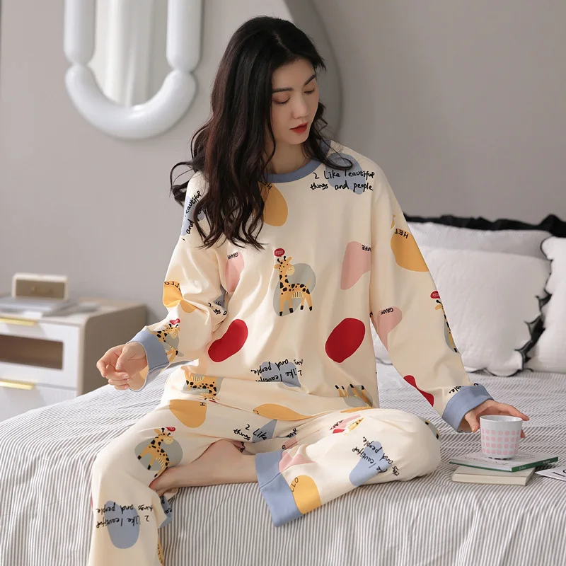 Women's 2 Pieces Pajamas Set 100% Cotton Pyjama Female Pijama Women Homewear Soft Sleepwear Long Sleeve O-Neck Shirt Pants Suit