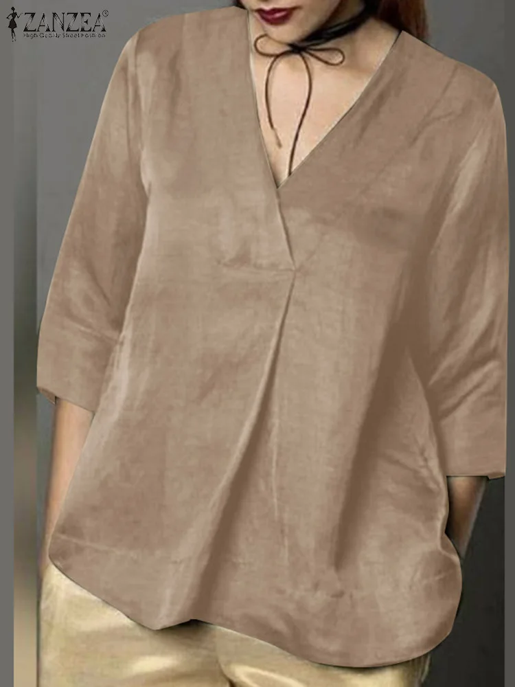

ZANZEA Summer Elegant Satin Tops Bohemian Holiday Party Shirt Solid Color 3/4 Sleeve Ruffles Hem Blouse Holiday Vintage Chemise