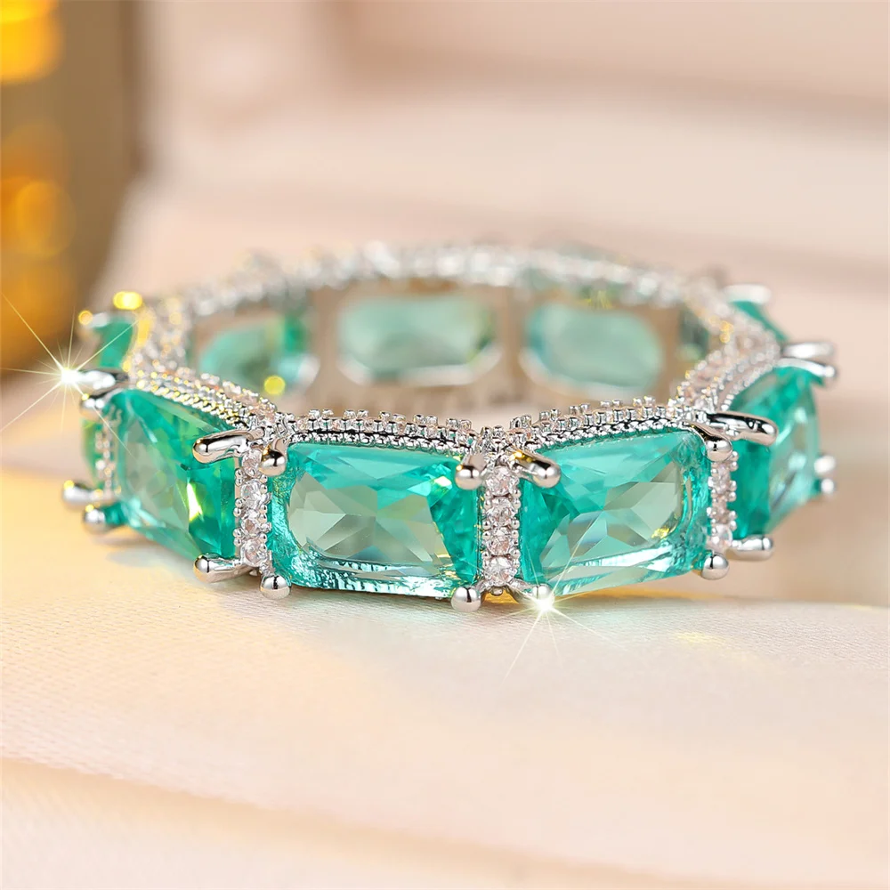 Green Crystal Zircon Rectangle Stone Rings For Women Vintage Silver Color Engagement Ring Wedding Jewelry Bridal Versatile Gifts