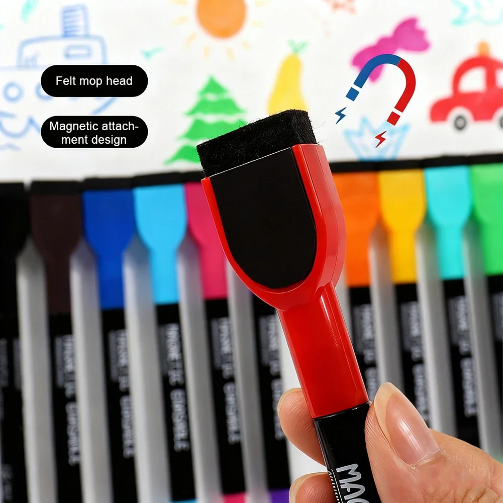 Magnetic Erasable Whiteboard Markers with Quick-Dry Water-Based Ink and Built-In Eraser