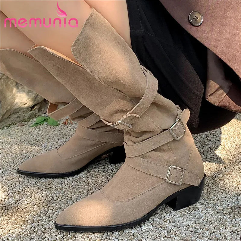 

MEMUNIA 2023 New Top Sale Cow Suede Leather Slip On Western Boots Ladies Buckle Knee High Boots Square Med Heels Autumn Boots