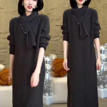 Maglione con scollo a V da donna Abito lavorato a maglia ampio di media lunghezza 2025 Nuovi bottoni autunno e inverno 1