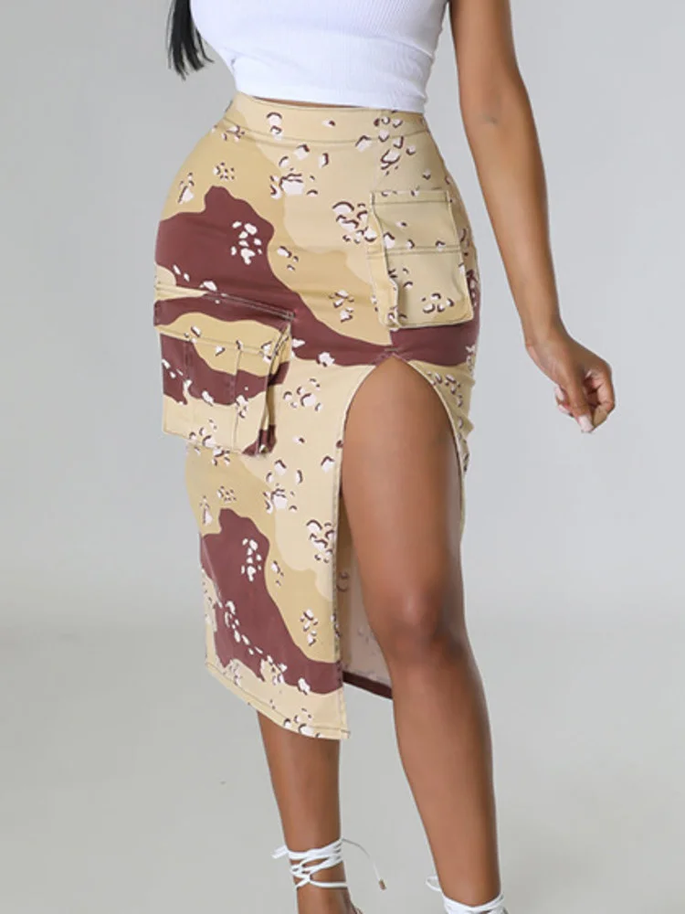 

Модные женские юбки с высокой талией, камуфляжные асимметричные юбки до колена с карманами и разрезом, Новинка лета 2023, M776