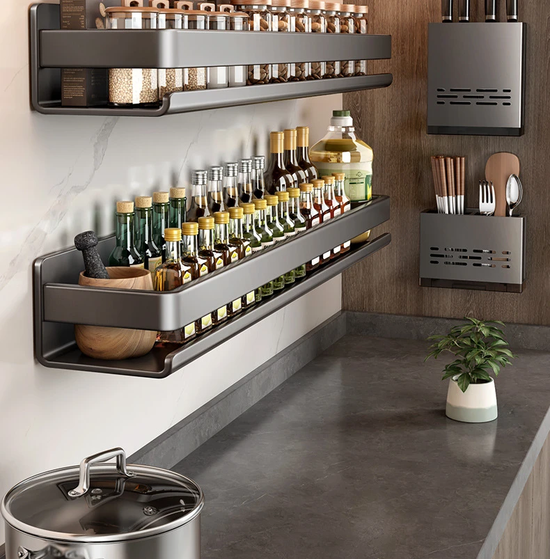 kitchen Stainless steel storage rack no punching bathroom wall shelf Seasoning bottle storage kitchen accessories organizer 5