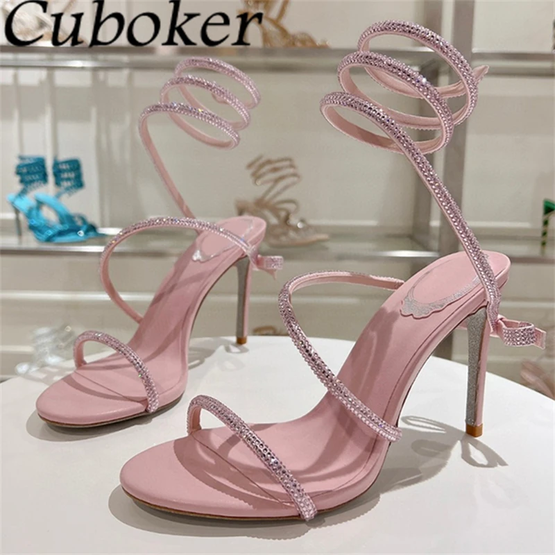 

2024 Summer Back Bowknot Thin High Heel Crystal Sandals Women Fashion Snake Wrap Rome Sandalias Sexy Party Wedding Shoes Femme