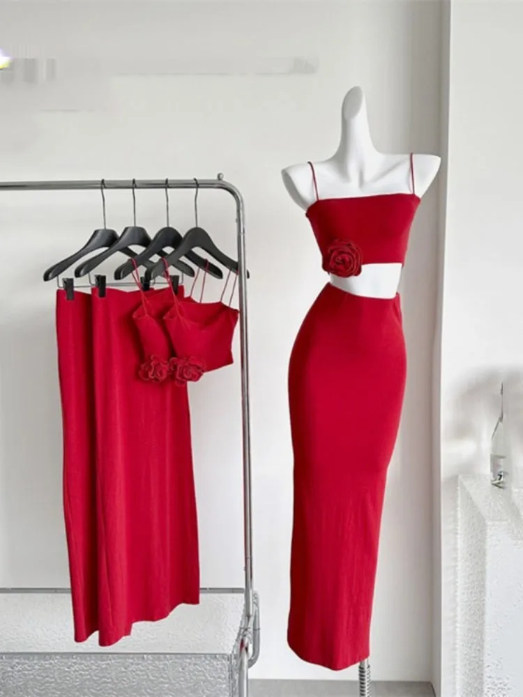 

Костюм для женщин весна-лето без рукавов красный цветочный топ на бретельках Сексуальная юбка с оборками на ягодицах Модный комплект из двух предметов