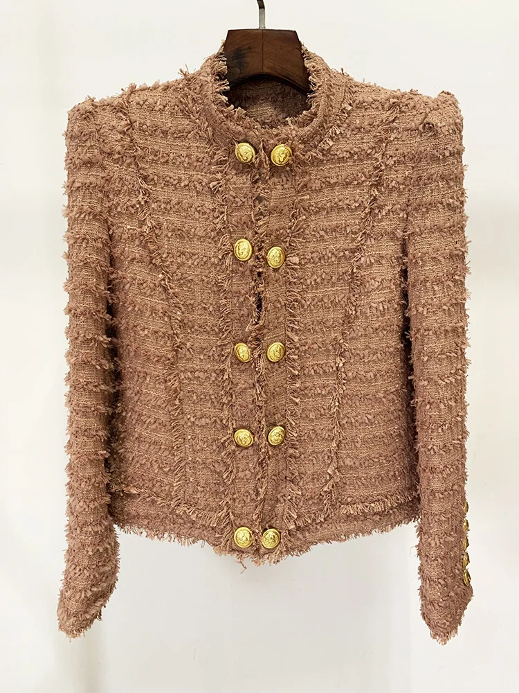 

Brown Short Jacket for Women 2023 Autumn Winter New Designer Tassel Thick Tweed Standing Neck Slim Fit Jacket Coat Outfit Women