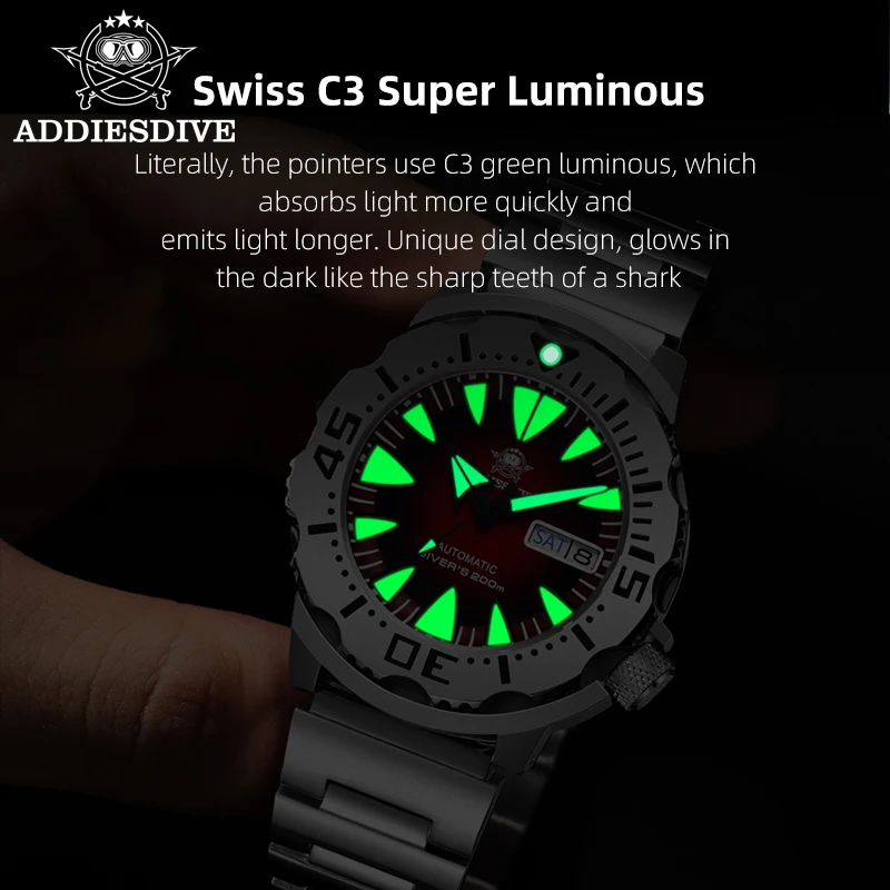 ADDIESDIVE NH36 Automatic Watch Sapphire Glass 200M Waterproof C3 Luminous 316L Steel Monster Mechanical Wristwatch for Men