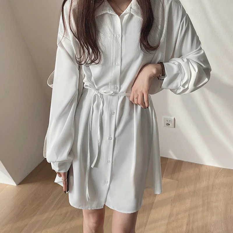 

Korea Chic Feminine Vestidos Women Fashion Solid White Single Breasted Button Casual Loose White Boyfriend Shirt Dress