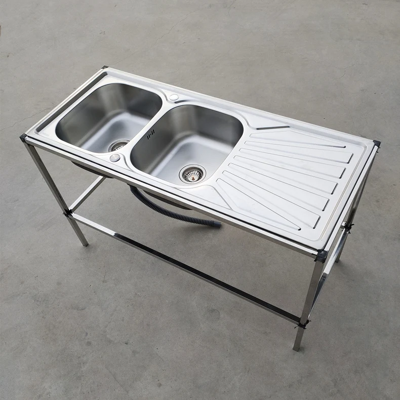 Kitchen Stainless Steel Sink with Bracket Mobile Simple Scullery Washing Vegetables Basin with Platform Integrated Vegetable