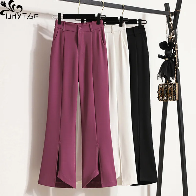 

UHYTGF Wide Leg Suit Pants For Women's New Autumn Irregular Slit Elastic High Waist Fashion Chic Ladies Nine-Points Flare Pants