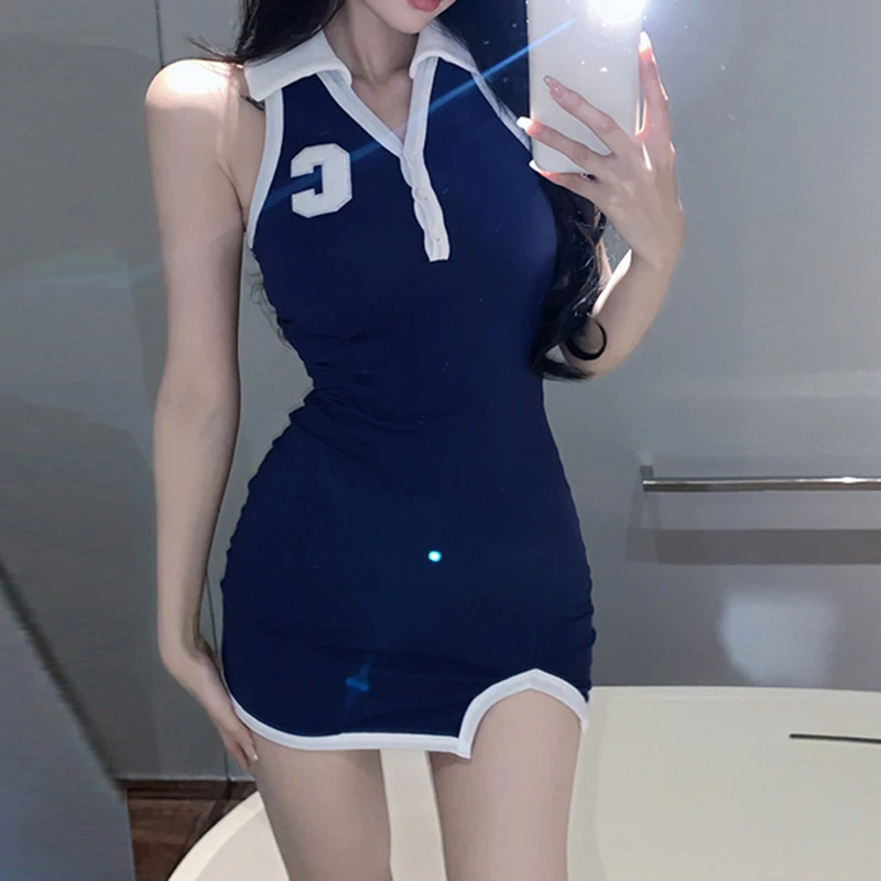 

Sleeveless Dresses Women Panelled Side-slit Slim Hotsweet Summer Mini Sexy Letter Chic Halter Turn-down Collar Dresses