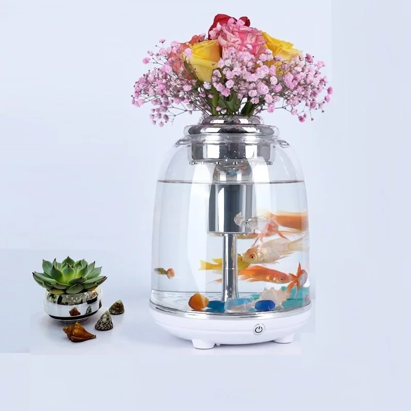 

Mini Small Fish Tank with LED Light 5.5L Small Aquarium Kits Desktop Room Decorations