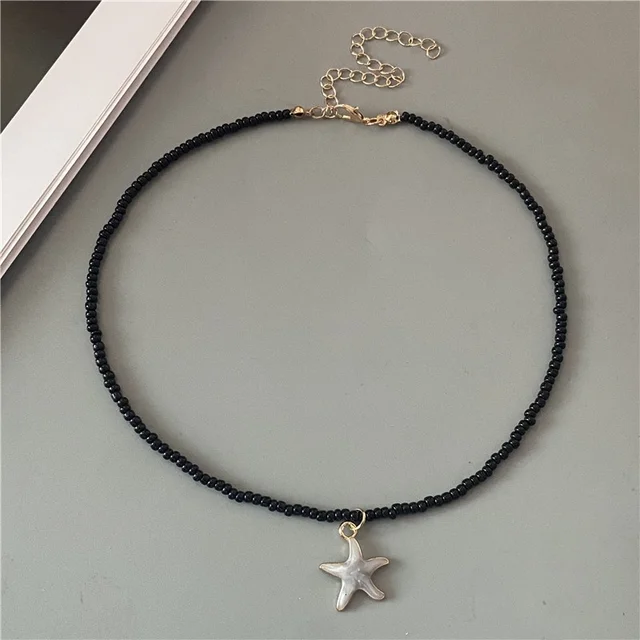 4 Colors Fashion Starfish Choker Necklace for Men Women White Black Blue Colorful Rice Beads Gift for Friend  Short Collar 3