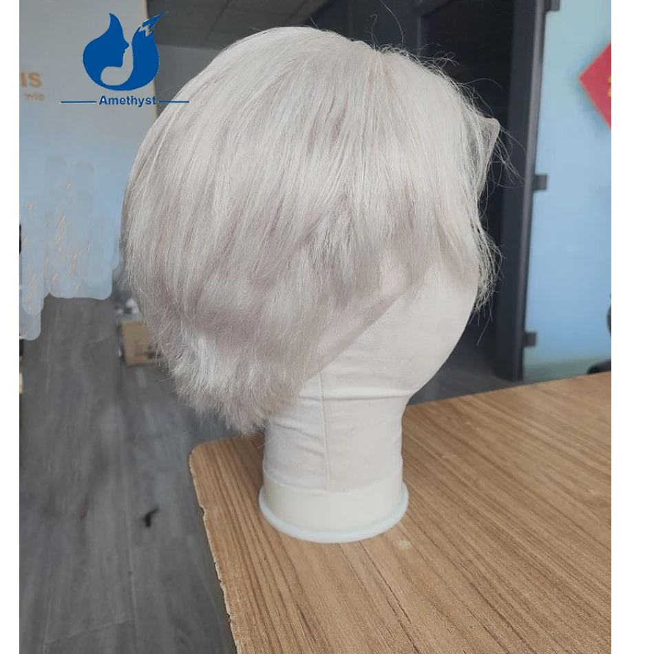 Amethyst Pre Styled White Platinum Blonde Male Wig Human Hair Short Cut Full Lace Wig Virgin Remy Hair 60# Colored for Men