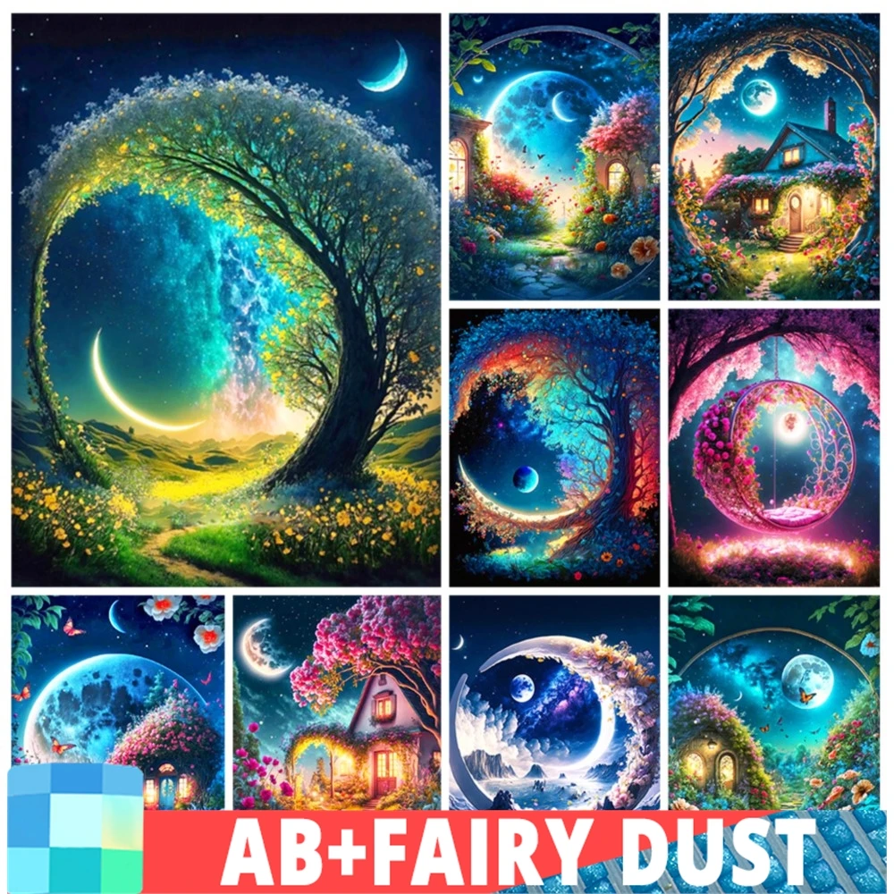 Ab Fairy Dust Ricamo Moon Tree Fantasy Landscape Diy 5D Diamond Painting House Kit Punto Croce Immagini Di Strass Art