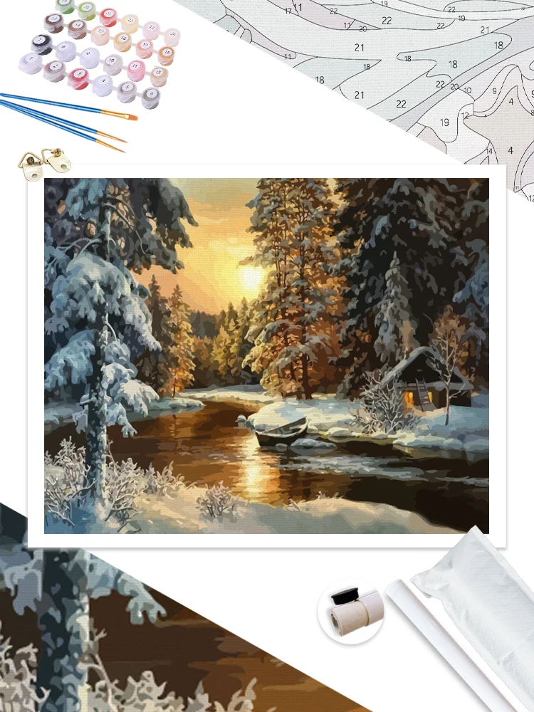 modern oil painting snowy house trees