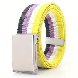 Vibrant Rainbow Canvas Belt with Square Buckle - Versatile & Stylish Accessory (Yellow)