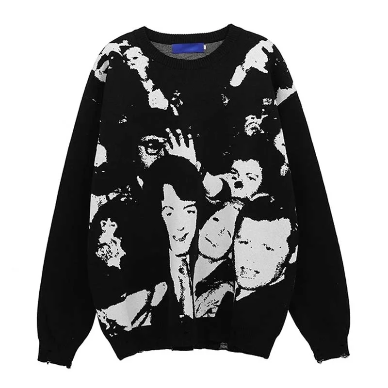 

Character Jacquard Sweater Men Autumn Winter Hip Hop Ripped Knitted Pullover Gothic Retro Oversize Knitwear Couples Streetwear