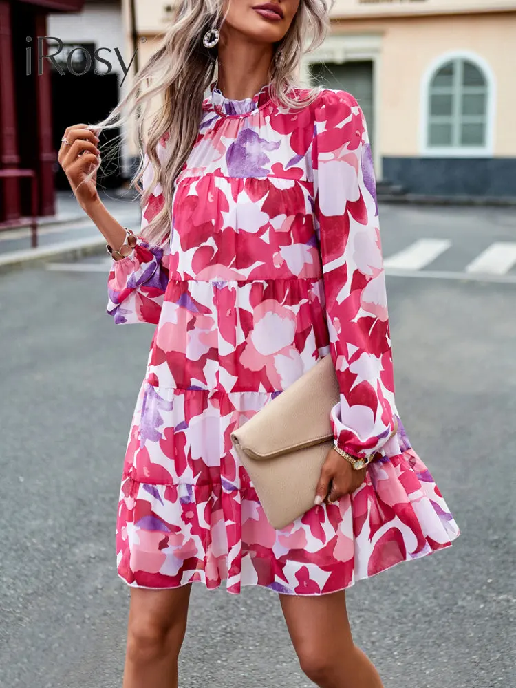 

New In Short Dresses with Long Sleeve Women's Elegant Chic Autumn Winter Floral Print High Waist Dresses Female Clothing Outfits