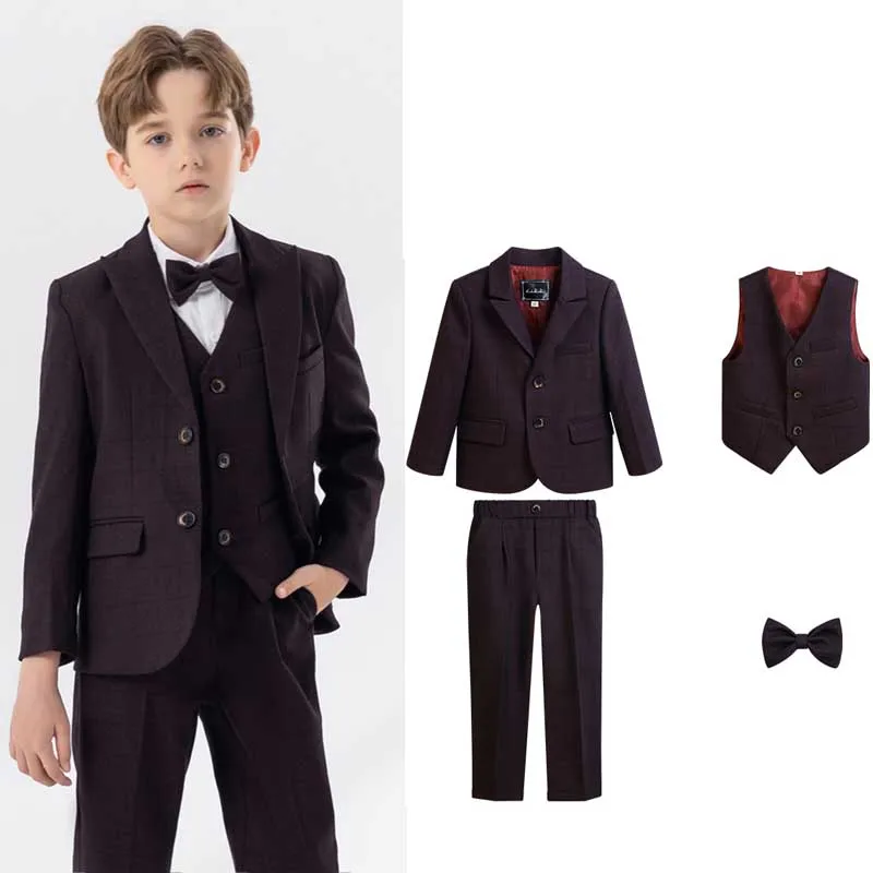 

Prince Boys Wine Red Jacket Vest Pants Bowtie 4PS Piano Party Dress Children Ceremony Photograph Suit Kids Performance Costume