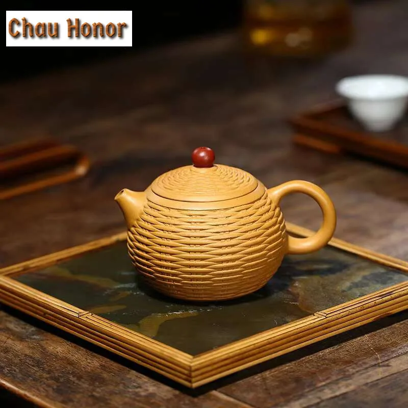 260ml Boutique Yixing Purple Clay Tea Pots Raw Ore Section Mud Xishi Teapot Bamboo Weaving Filter Kettle Handmade Household Gift
