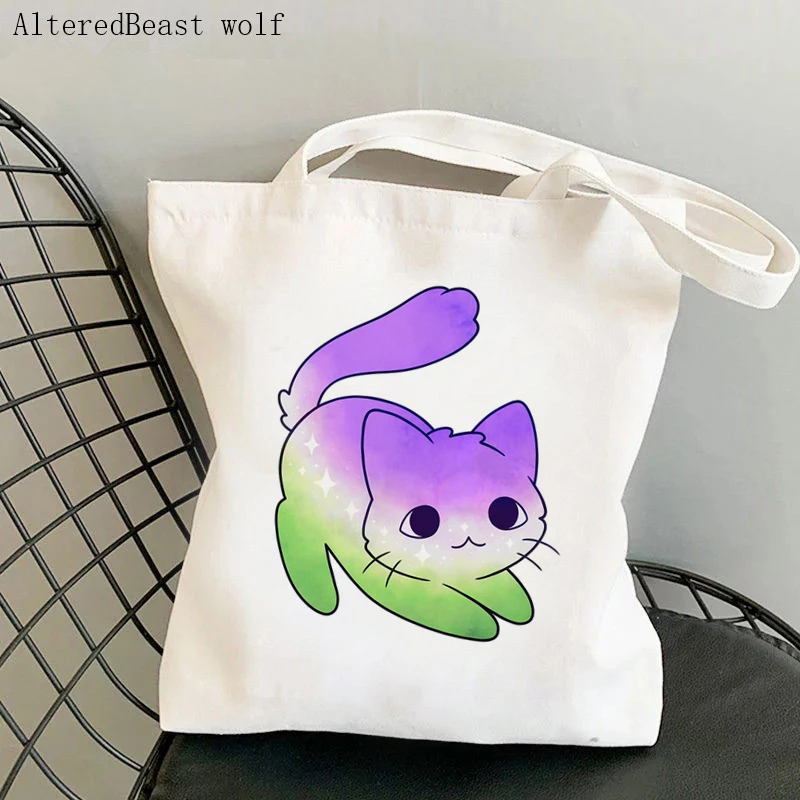 

Women Shopper bag Genderqueer Pride Cat Kawaii Bag Harajuku Shopping Canvas Shopper Bag girl handbag Tote Shoulder Lady Bag