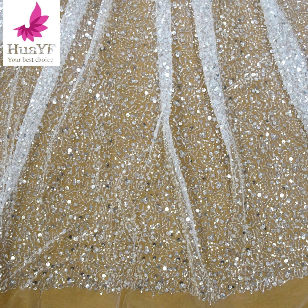 

Shiny Sequins Beaded Silver Thread Bridal Lace For 1 Yard Women Wedding Fabric HY1753-4