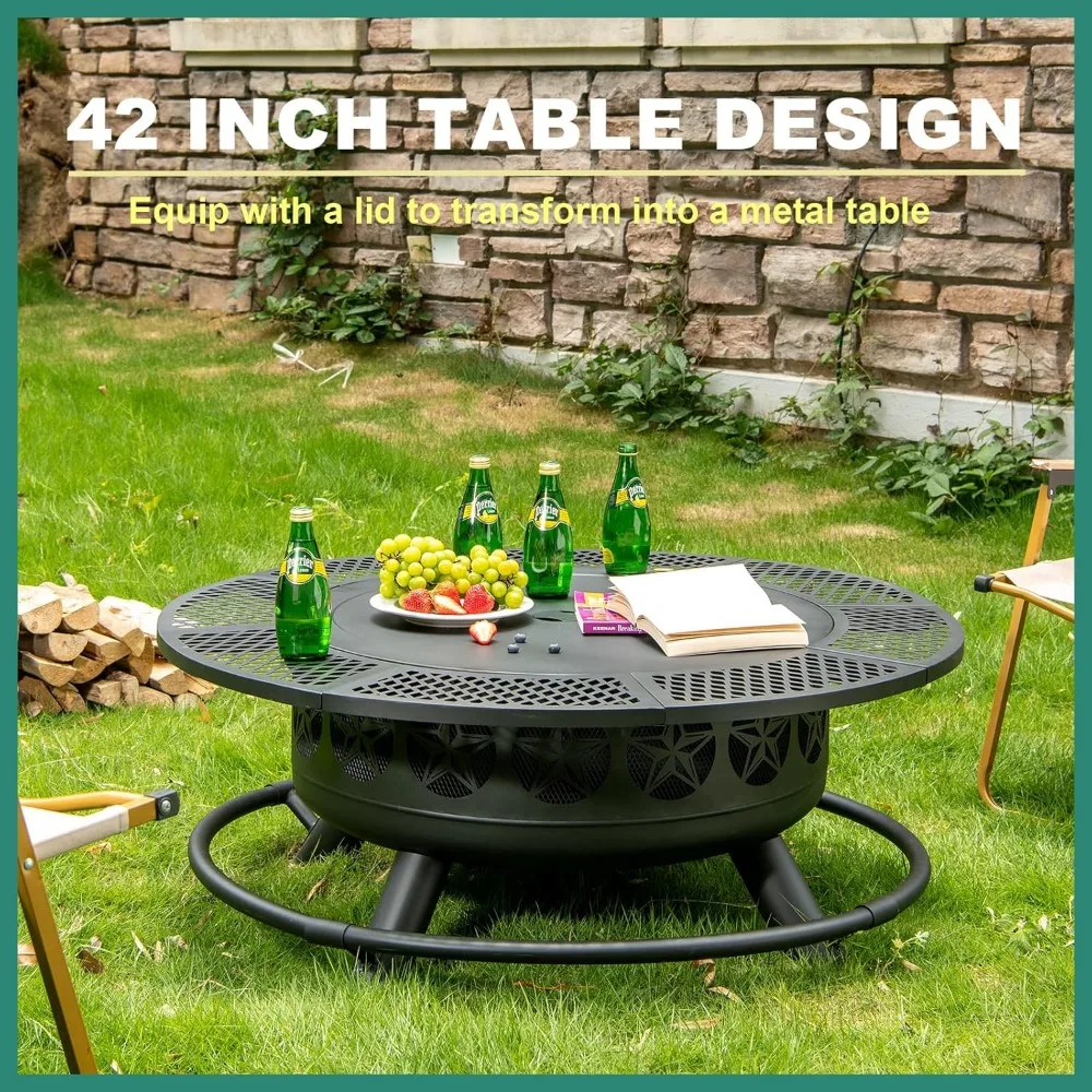 42 Inch BBQ Fire Pit with Grill, Large Outdoor Wooding Burning Fire Pit for Camping,Picnic,Bonfire,3-in-1 Round Metal Table
