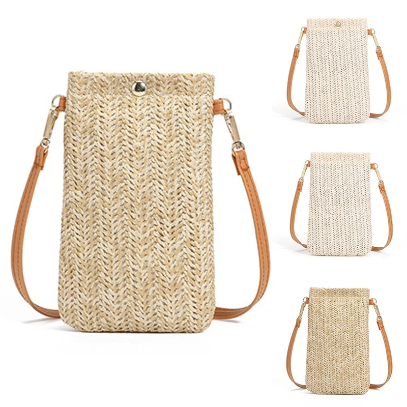 

Wallet Women Diagonal Straw Woven Mobile Phone Clutch Bag Ladies Purse Summer Beach Travel Female Mini Purse Card Holder